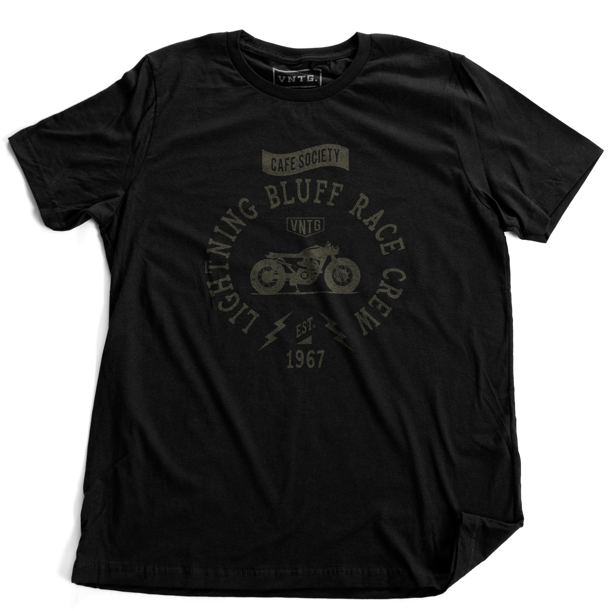 A vintage-inspired retro t-shirt for a fictitious motorcycle race crew. For the café racer genre of vintage motorcycles, this shirt reads “Lightning Bluff Race Crew, established 1967” in Black, by fashion brand VNTG., for wolfsaint.net 