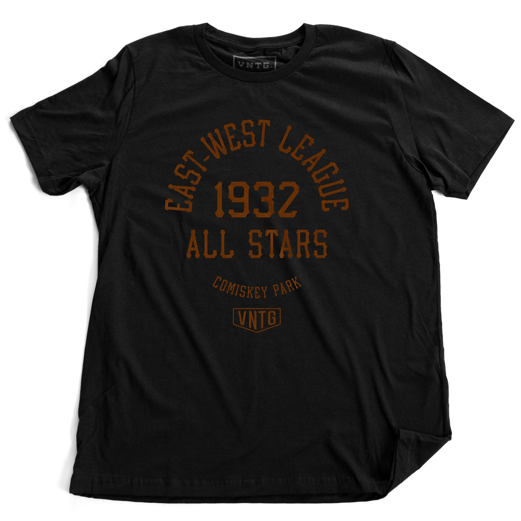 Black retro t-shirt with vintage graphic of East-West League 1932 All Stars baseball team, for game played at Chicago Comiskey Park. From wolfsaint.net