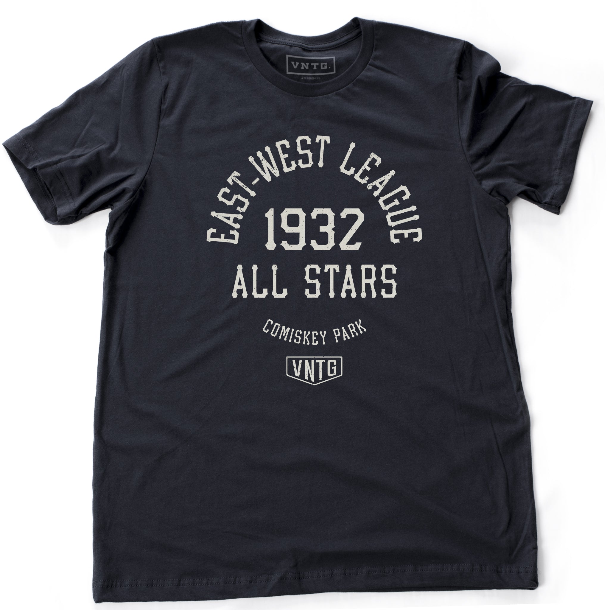 Navy retro t-shirt with vintage graphic of East-West League 1932 All Stars baseball team, for game played at Chicago Comiskey Park