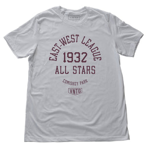 White retro t-shirt with vintage graphic of East-West League 1932 All Stars baseball team, for game played at Chicago Comiskey Park. From wolfsaint.net