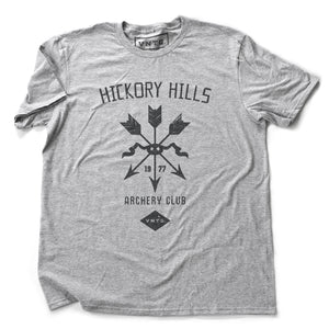 A vintage-inspired retro t-shirt in Athletic Heather Gray, featuring a graphic of a quiver of arrows, representing a small town amateur archery club from 1977.  By fashion brand VNTG, from wolfsaint.net