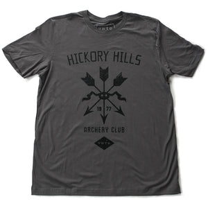 A vintage-inspired retro t-shirt in Asphalt Gray, featuring a graphic of a quiver of arrows, representing a small town amateur archery club from 1977.  By fashion brand VNTG, from wolfsaint.net