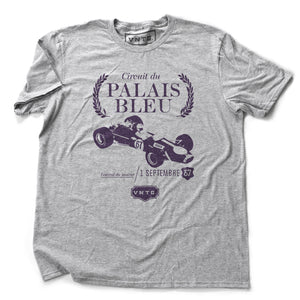 A classic, vintage-inspired t-shirt in Athletic Heather Gray, with a retro graphic commemorating a fictional Formula 1 race from 1967. By fashion brand VNTG, from wolfsaint.net