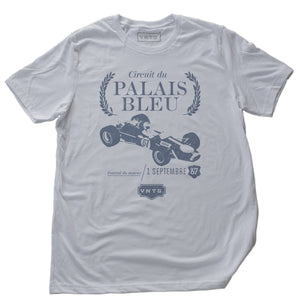 A classic, vintage-inspired t-shirt in White, with a retro graphic commemorating a fictional Formula 1 race from 1967. By fashion brand VNTG, from wolfsaint.net