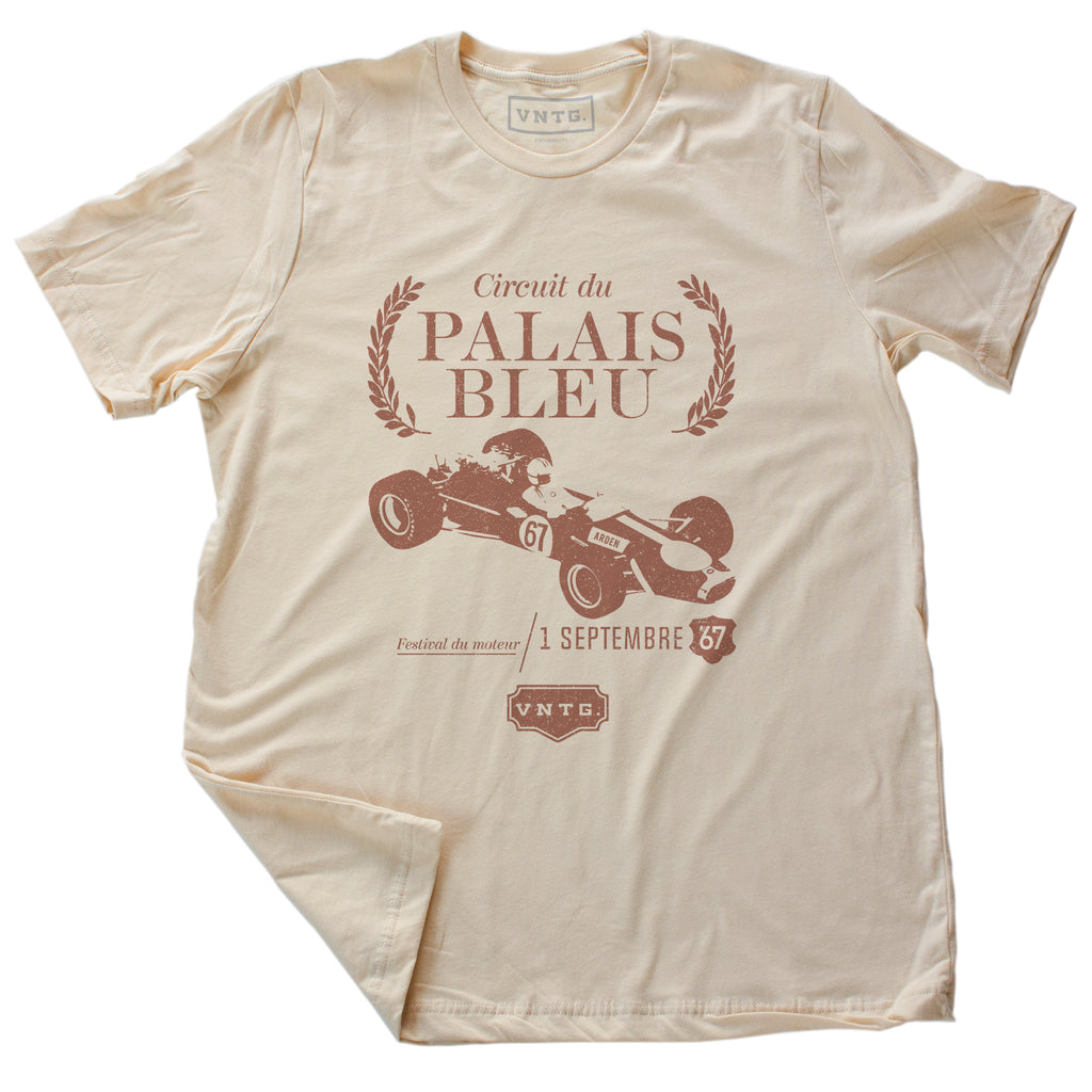 A classic, vintage-inspired t-shirt in Soft Cream, with a retro graphic commemorating a fictional Formula 1 race from 1967. By fashion brand VNTG, from wolfsaint.net