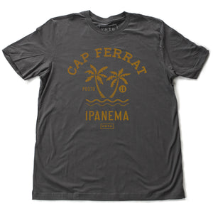 Asphalt gray fashion t-shirt featuring a stylish retro, vintage-inspired graphic of two palm trees against the waves, and the words Cap Ferrat, Ipanema, a popular beach spot in Rio de Janeiro, Brazil. From wolfsaint.net