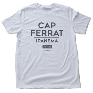 A classic white fashion t-shirt featuring a stylish retro, vintage-inspired graphic typography with the words Cap Ferrat, Ipanema, a popular beach spot in Rio de Janeiro, Brazil. From wolfsaint.net