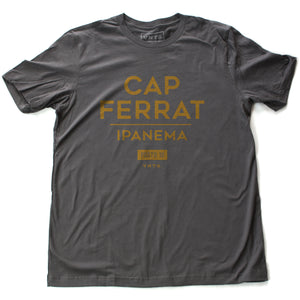 A classic asphalt gray fashion t-shirt featuring a stylish retro, vintage-inspired graphic typography with the words Cap Ferrat, Ipanema, a popular beach spot in Rio de Janeiro, Brazil. From wolfsaint.net
