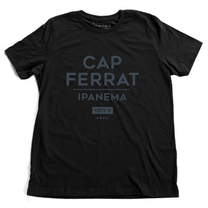 A classic black fashion t-shirt featuring a stylish retro, vintage-inspired graphic typography with the words Cap Ferrat, Ipanema, a popular beach spot in Rio de Janeiro, Brazil. From wolfsaint.net