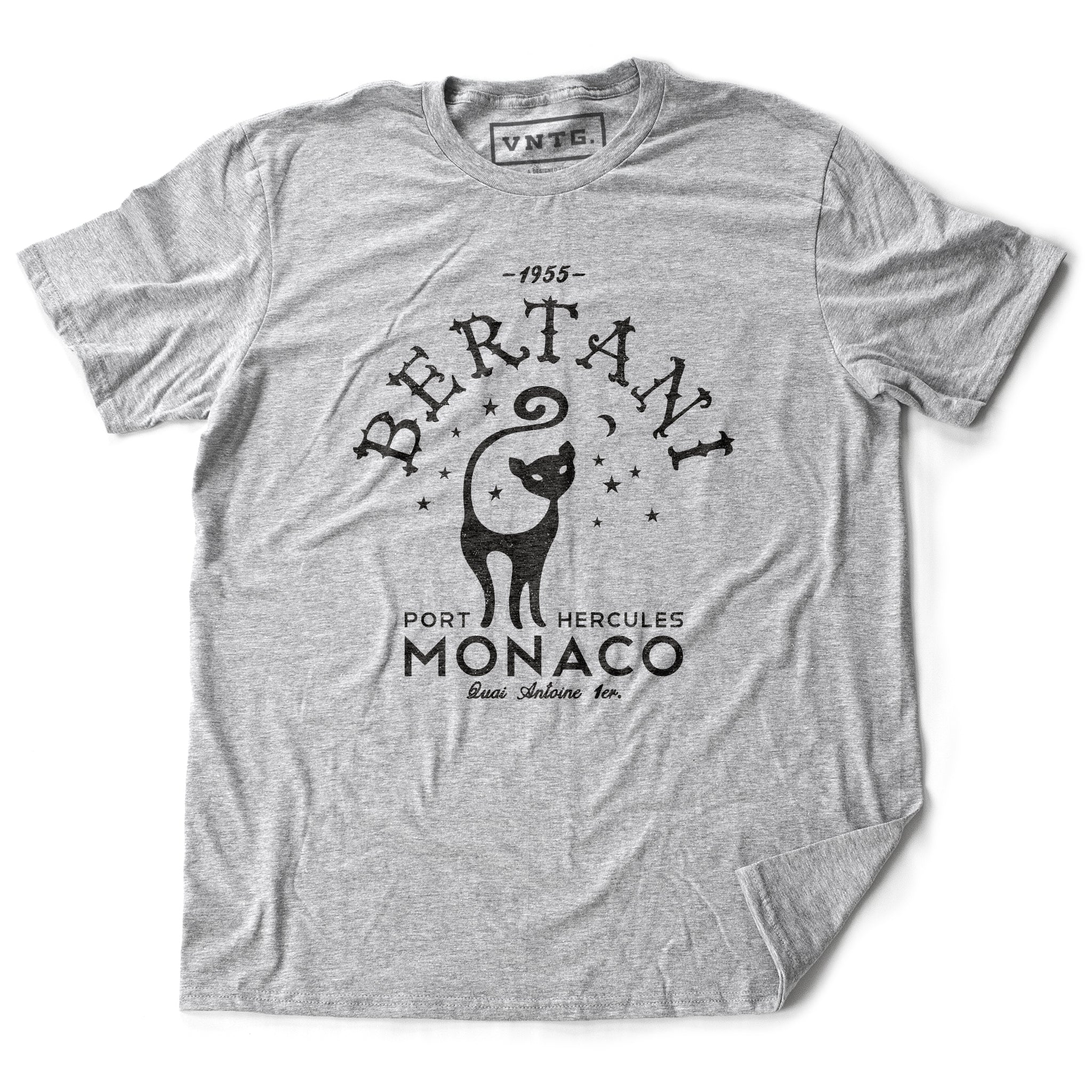 A vintage-look, retro t-shirt that was inspired by the Alfred Hitchcock film To Catch a Thief, and is a tribute to the restaurant Bertani owned by the friend of Cary Grant’s character in the film. It features old worlds typography around the image of a cat, meant to symbolize ‘John Robie The Cat’—the infamous cat burglar portrayed by Grant and loved by Grace Kelly. This shirt is elegant in Classic Heather Gray, by fashion brand VNTG., from wolfsaint.net