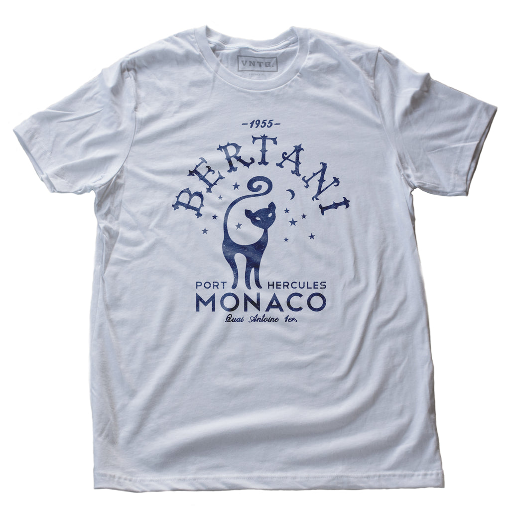 A vintage-look, retro t-shirt that was inspired by the Alfred Hitchcock film To Catch a Thief, and is a tribute to the restaurant Bertani owned by the friend of Cary Grant’s character in the film. It features old worlds typography around the image of a cat, meant to symbolize ‘John Robie The Cat’—the infamous cat burglar portrayed by Grant and loved by Grace Kelly. This shirt is elegant in Classic White, by fashion brand VNTG., from wolfsaint.net