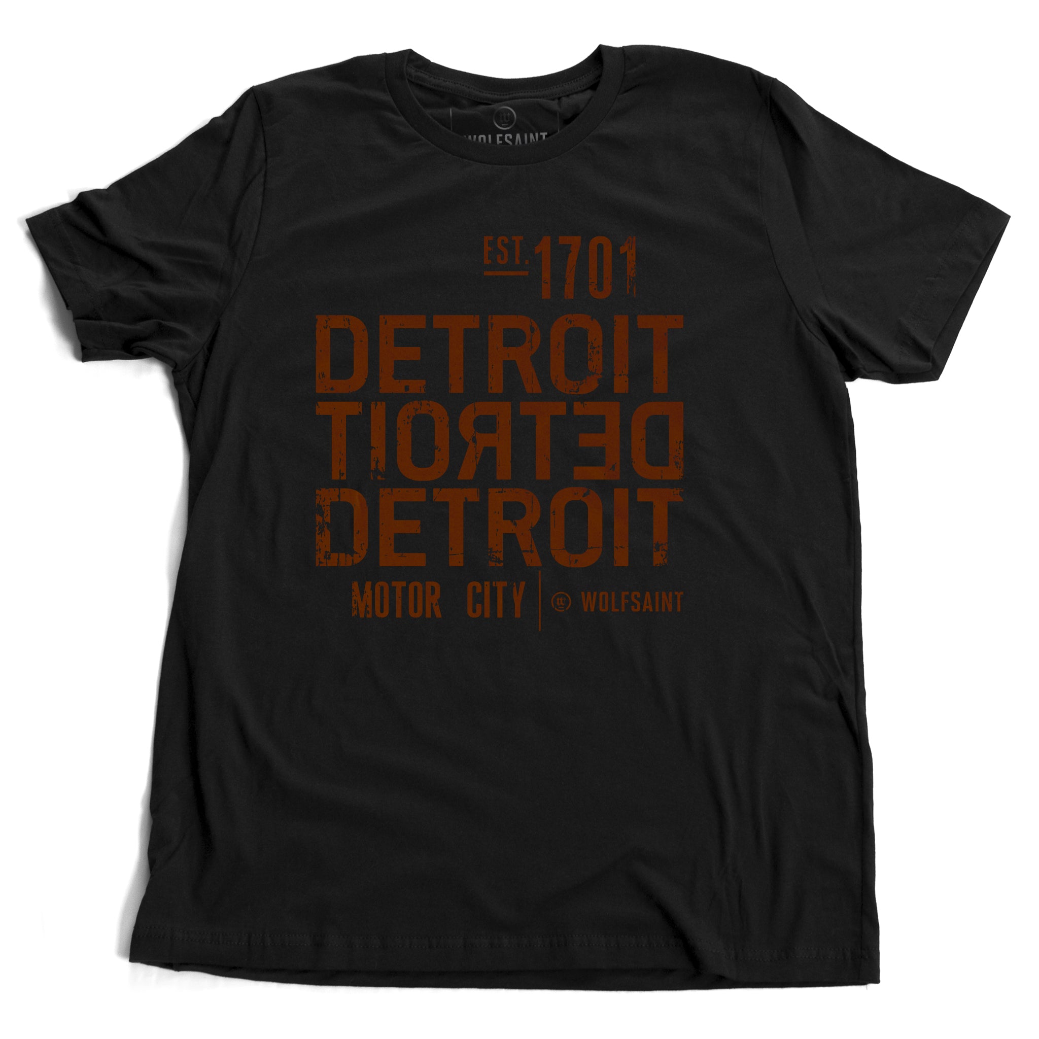 A strong graphic retro black t-shirt with the word DETROIT — motor city — in bold typography, forward and backward, from Wolfsaint.net