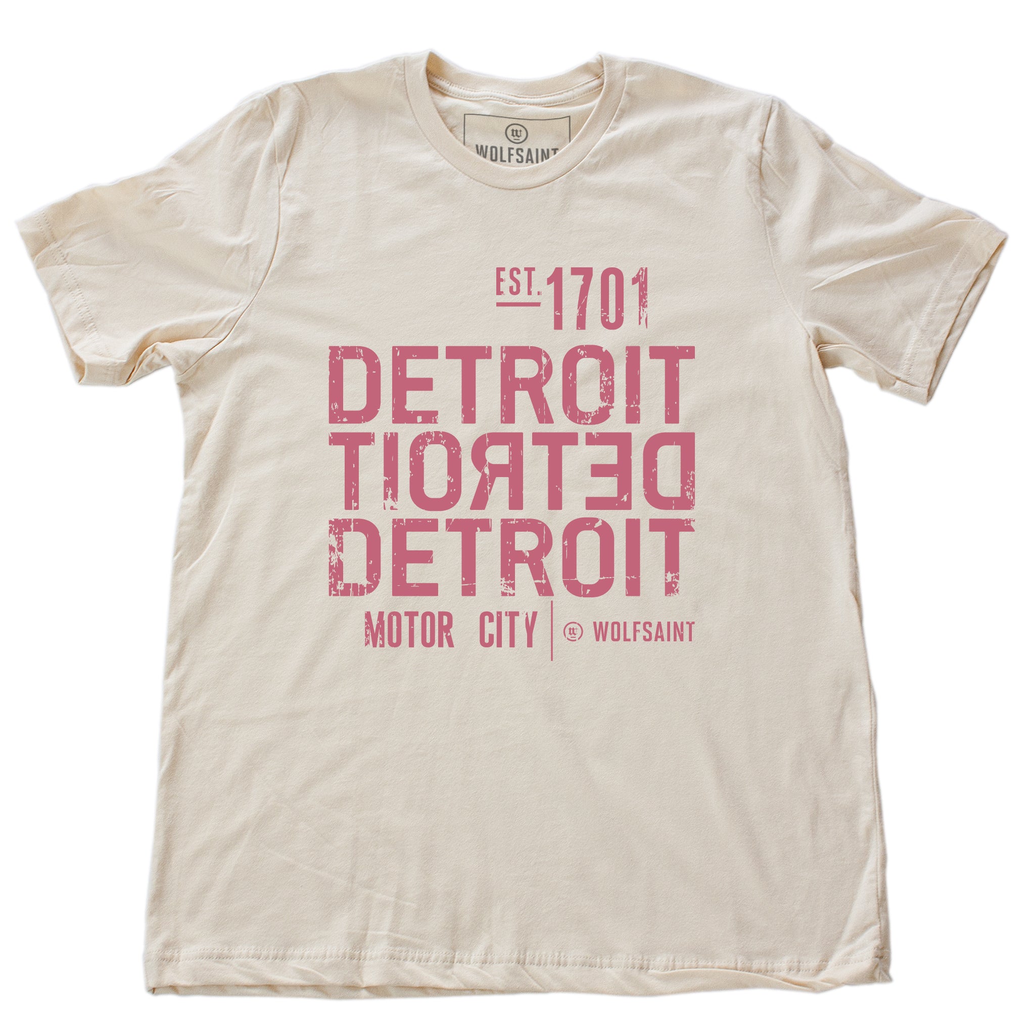 A strong graphic retro t-shirt in Soft Cream, with the word DETROIT — motor city — in bold typography, forward and backward, from Wolfsaint.net