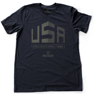 A graphic t-shirt with a divided large “USA” above the text “divided states of America” and the WOLFSAINT gothic logo. From wolfsaint.net