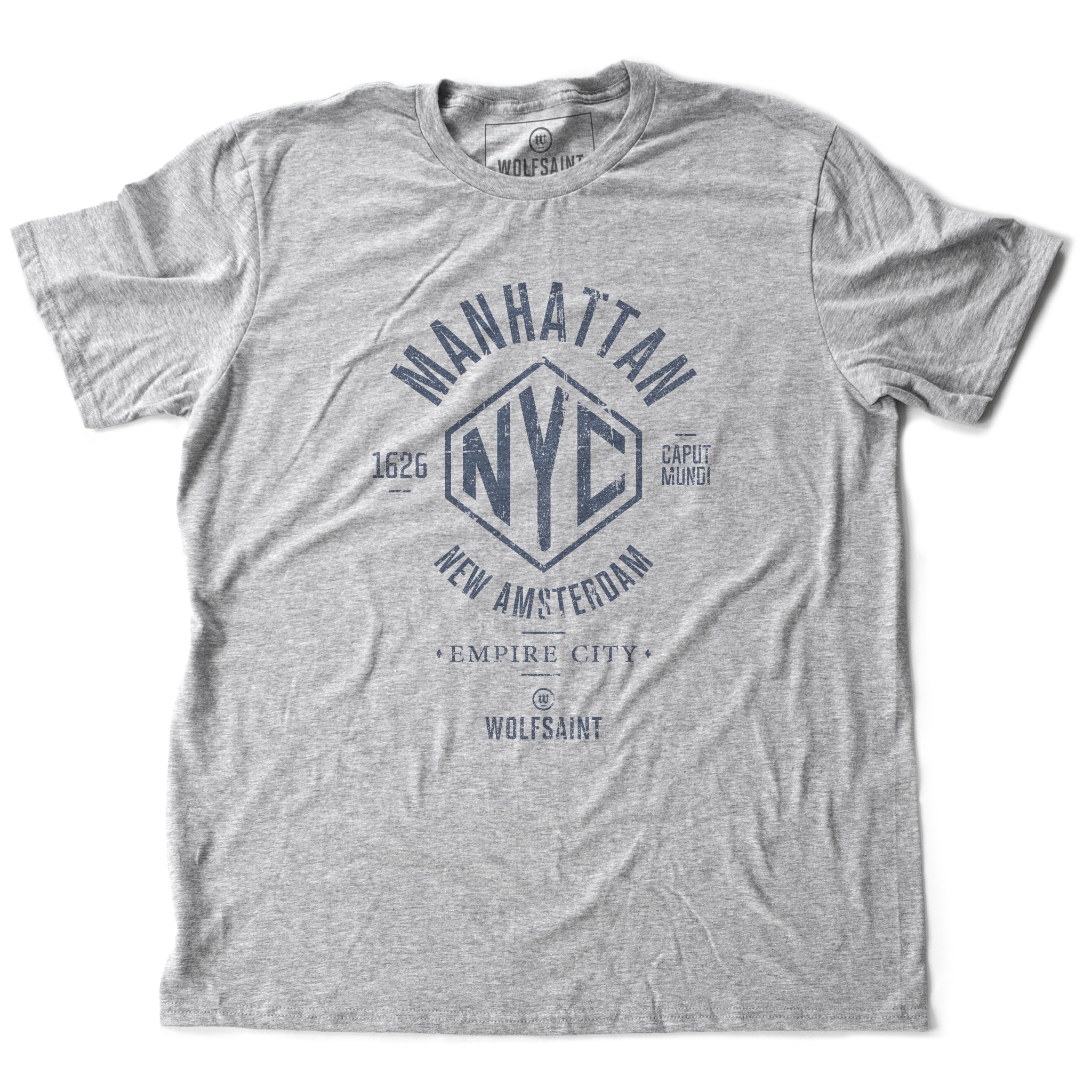 A vintage-inspired retro designed fashion-shirt in classic Athletic Heather Gray, featuring an “NYC” graphic surrounded by the words “Manhattan” and “New Amsterdam / Empire City” and the year of its founding, 1626, along with the Latin words Caput Mundi, meaning Capital of the World. From wolfsaint.net