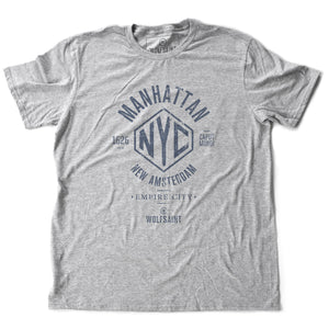 A vintage-inspired retro designed fashion-shirt in classic Athletic Heather Gray, featuring an “NYC” graphic surrounded by the words “Manhattan” and “New Amsterdam / Empire City” and the year of its founding, 1626, along with the Latin words Caput Mundi, meaning Capital of the World. From wolfsaint.net