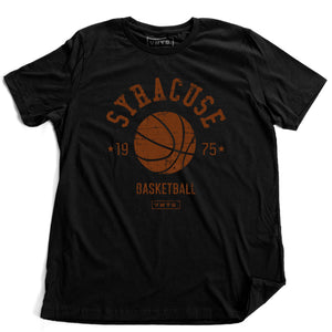 A vintage inspired, retro t-shirt for the Syracuse University Orangemen / Orange basketball team, formerly playing in Manley Fieldhouse, now playing in the Carrier Dome in Syracuse, New York. The shirt features a basketball graphic, surrounded by the words “SYRACUSE” and “basketball / 1975” and the VNTG. brand logo. From wolfsaint.net