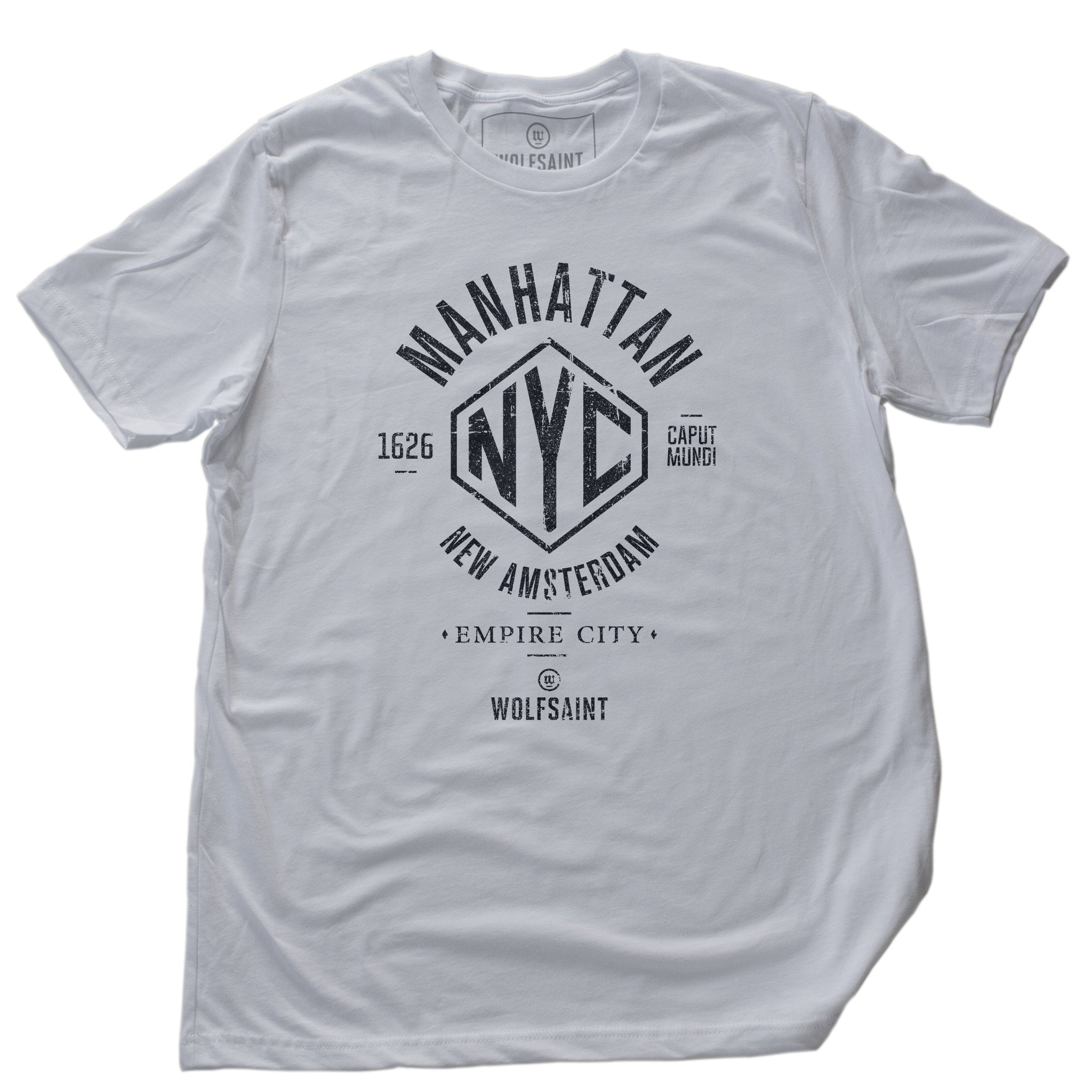 A vintage-inspired retro designed fashion-shirt in White, featuring an “NYC” graphic surrounded by the words “Manhattan” and “New Amsterdam / Empire City” and the year of its founding, 1626, along with the Latin words Caput Mundi, meaning Capital of the World. From wolfsaint.net