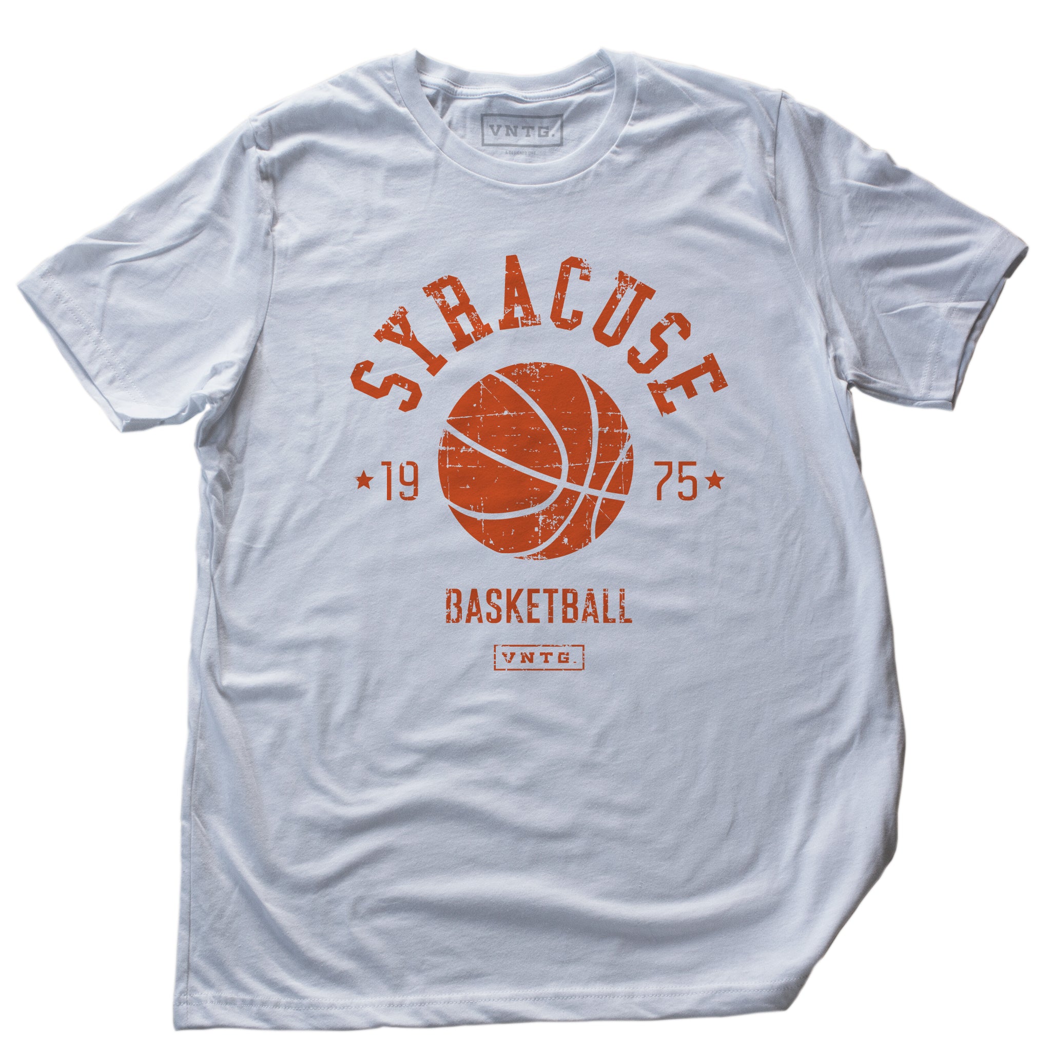 A vintage inspired, retro t-shirt for the Syracuse University Orangemen / Orange basketball team, formerly playing in Manley Fieldhouse, now playing in the Carrier Dome in Syracuse, New York. The shirt features a basketball graphic, surrounded by the words “SYRACUSE” and “basketball / 1975” and the VNTG. brand logo. From wolfsaint.net
