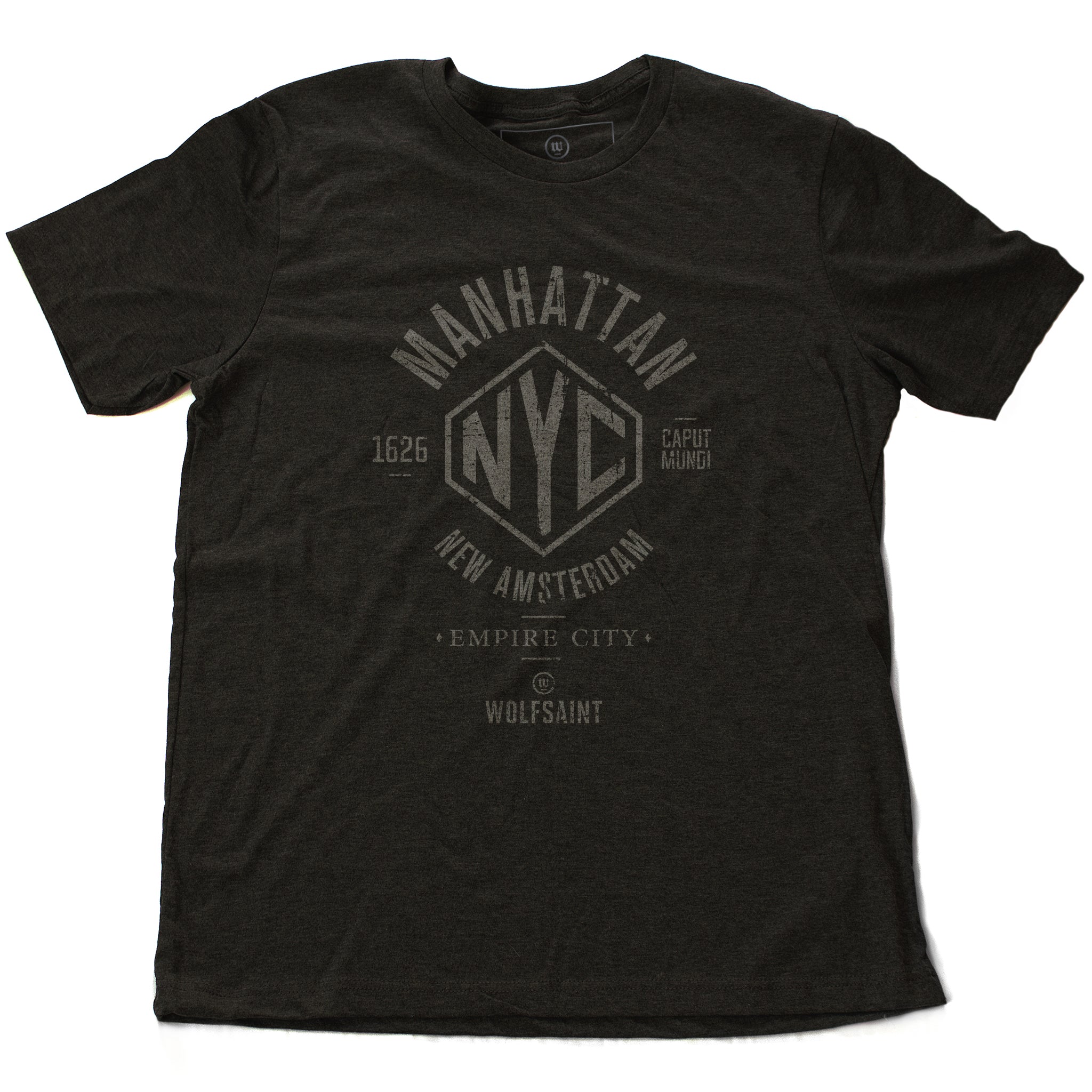 A vintage-inspired retro designed fashion-shirt in Dark Heather Gray, featuring an “NYC” graphic surrounded by the words “Manhattan” and “New Amsterdam / Empire City” and the year of its founding, 1626, along with the Latin words Caput Mundi, meaning Capital of the World. From wolfsaint.net
