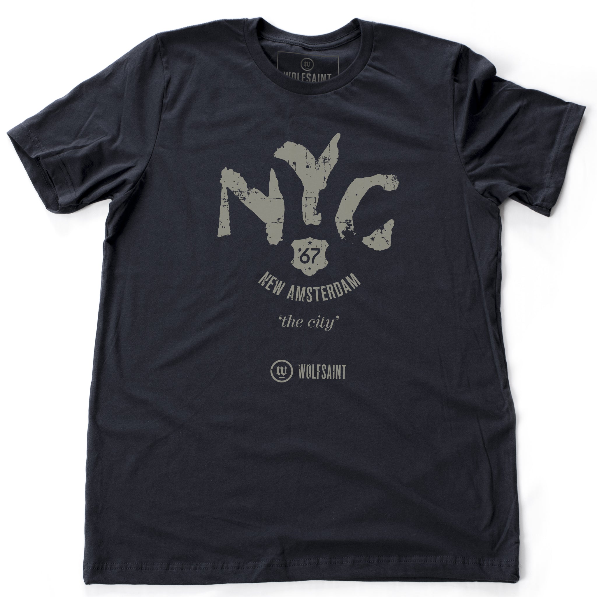 A classic vintage-inspired retro t-shirt in classic Navy Blue, featuring “NYC” in a large ‘painted’ font, with “New Amsterdam” in a small arc below, then “the city” and then the 