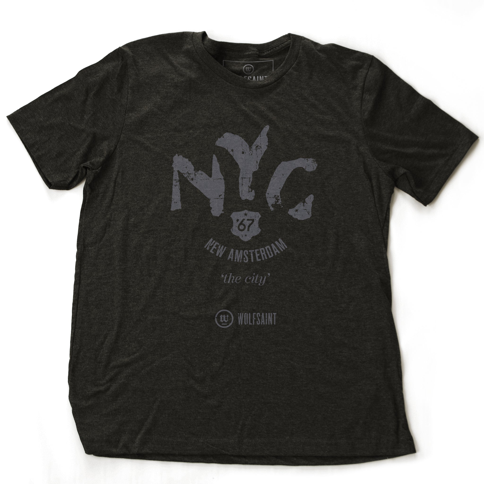A classic vintage-inspired retro t-shirt in Dark Gray Heather, featuring “NYC” in a large ‘painted’ font, with “New Amsterdam” in a small arc below, then “the city” and then the 