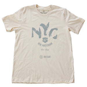 A classic vintage-inspired retro t-shirt in Soft Cream, featuring “NYC” in a large ‘painted’ font, with “New Amsterdam” in a small arc below, then “the city” and then the 