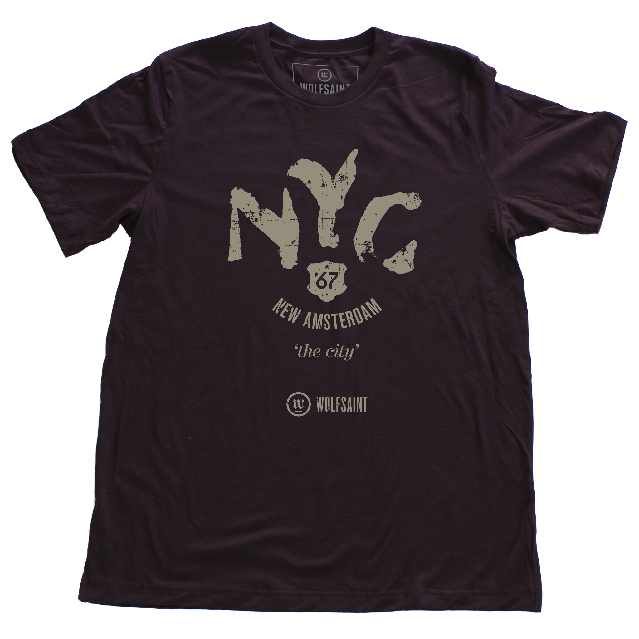 A classic vintage-inspired retro t-shirt in Oxblood/burgundy, featuring “NYC” in a large ‘painted’ font, with “New Amsterdam” in a small arc below, then “the city” and then the 