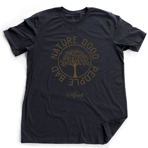 A fashionable vintage-inspired, retro t-shirt in Classic Navy Blue, featuring a graphic of a thriving tree in a circle, surrounded by the sarcastic text: “NATURE GOOD, PEOPLE BAD” with the Wolfsaint brand script logo beneath. From wolfsaint.net