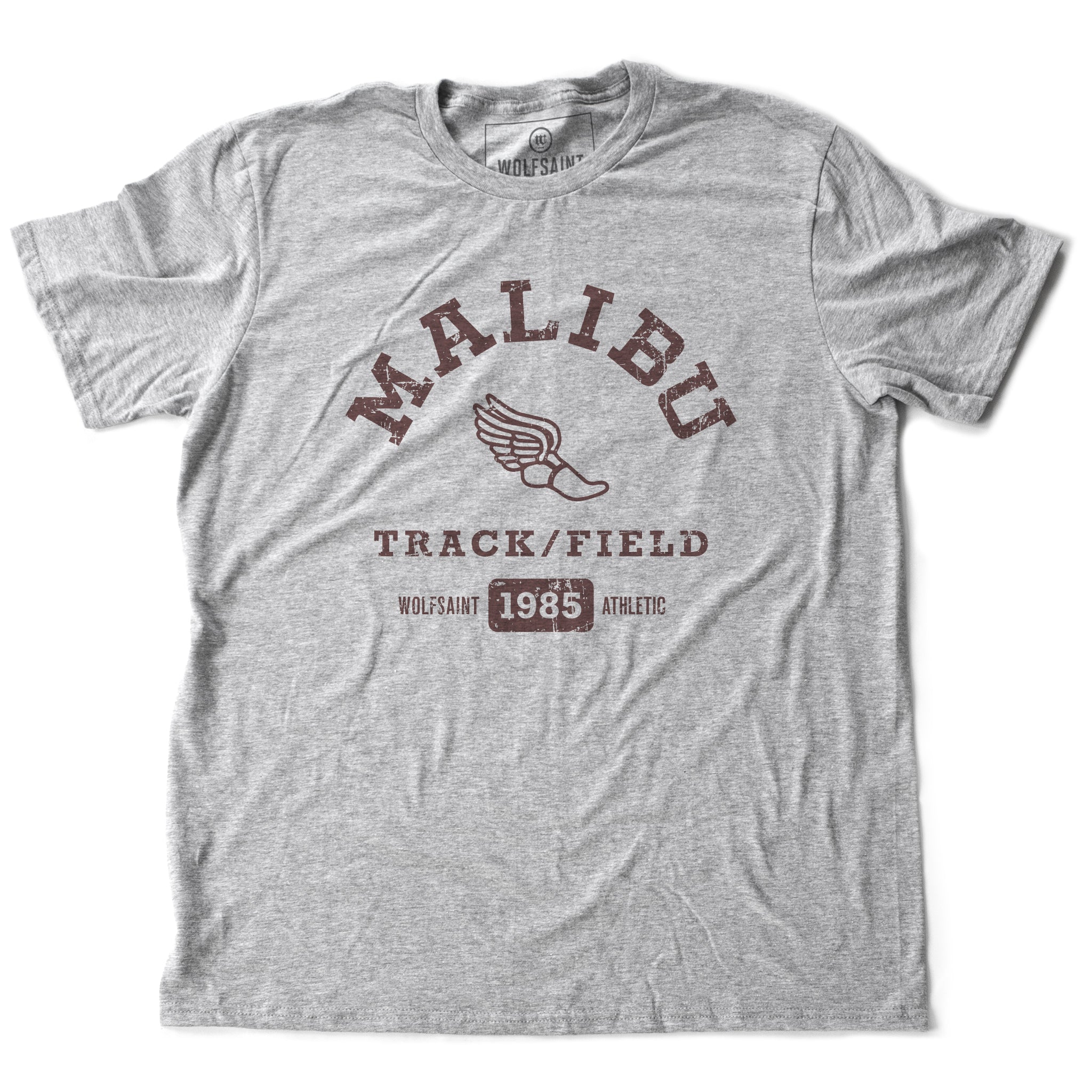 A fashionable, vintage-inspired retro t-shirt in Classic Athletic Heather Gray, featuring a graphic representing a sarcastic and fictitious Malibu (California) Track and Field team. From wolfsaint.net