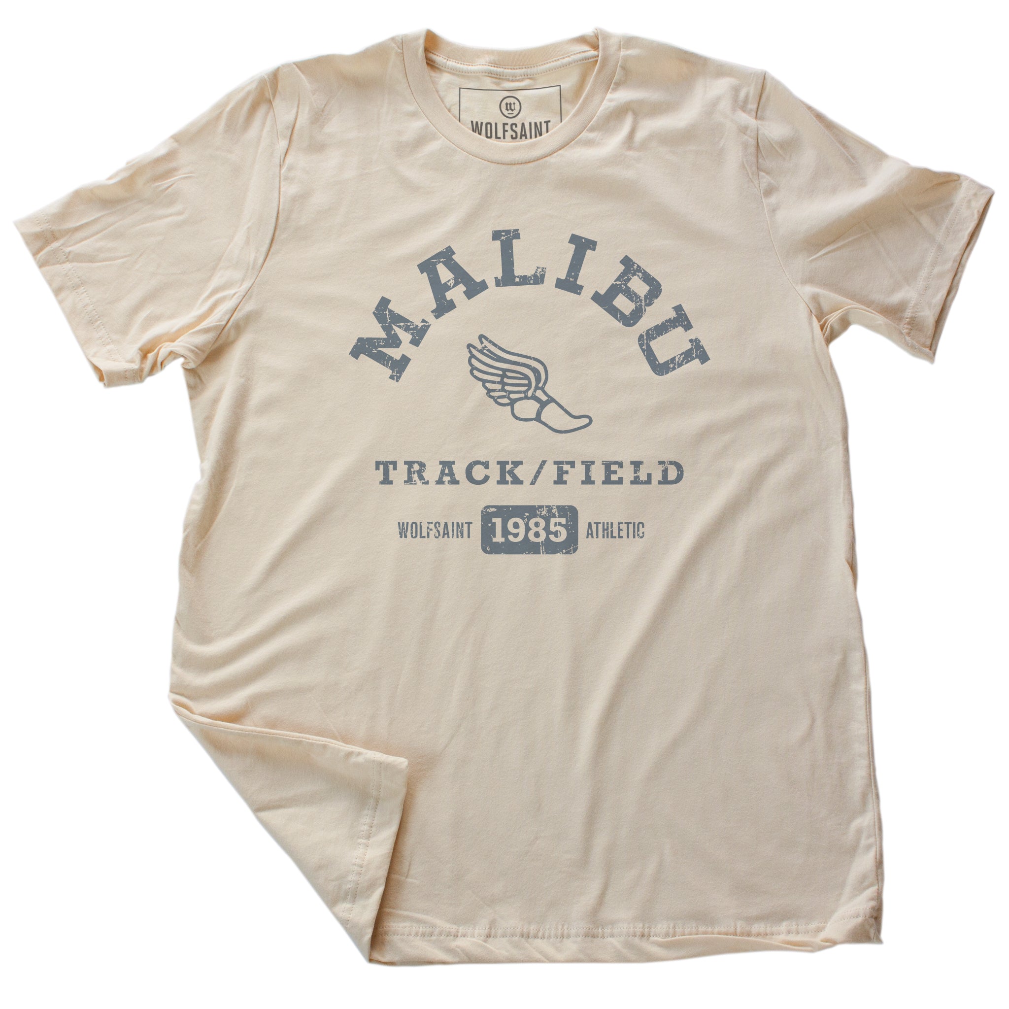 A fashionable, vintage-inspired retro t-shirt in Classic Vintage Soft Cream, featuring a graphic representing a sarcastic and fictitious Malibu (California) Track and Field team. From wolfsaint.net