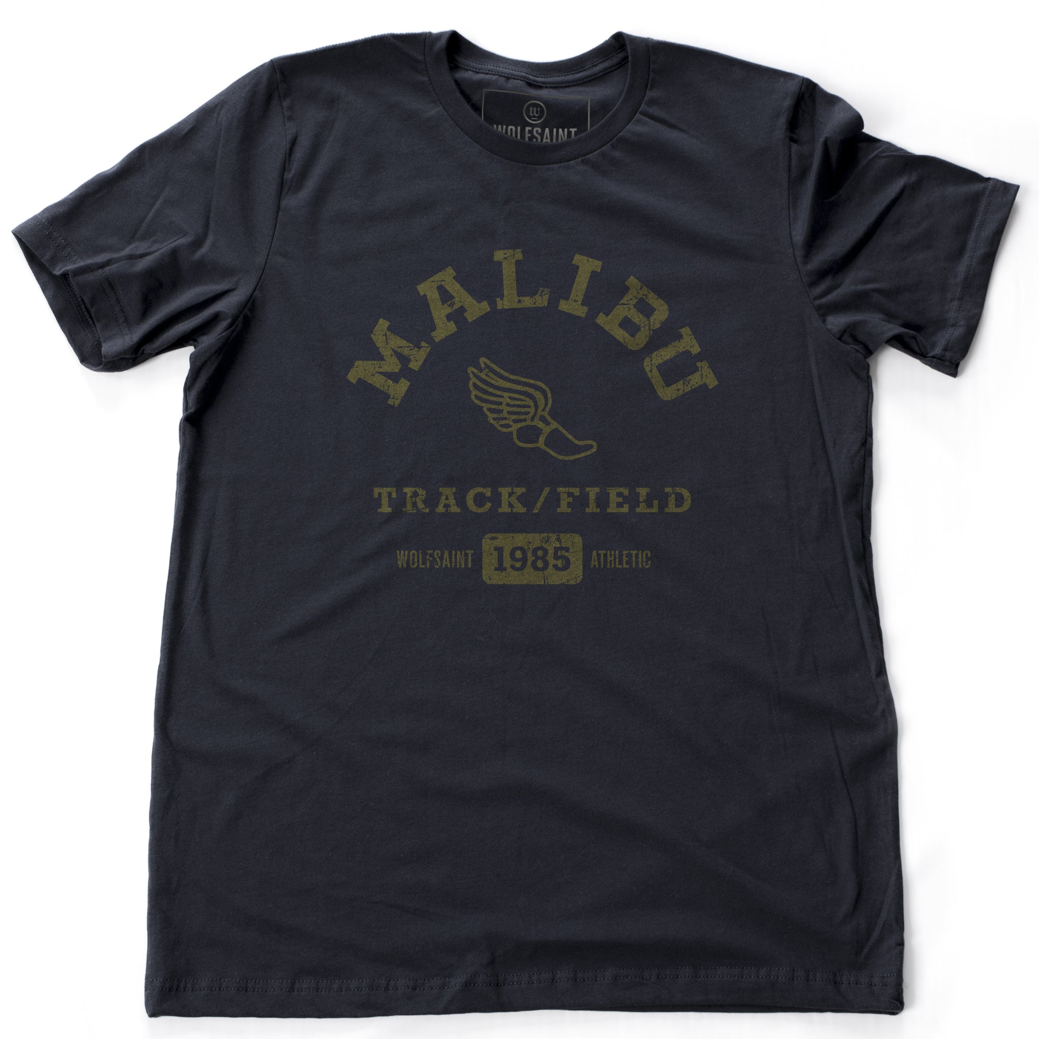A fashionable, vintage-inspired retro t-shirt in Classic Navy Blue, featuring a graphic representing a sarcastic and fictitious Malibu (California) Track and Field team. From wolfsaint.net