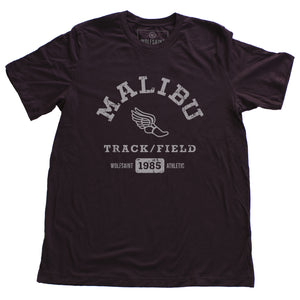 A fashionable, vintage-inspired retro t-shirt in Oxblood/maroon, featuring a graphic representing a sarcastic and fictitious Malibu (California) Track and Field team. From wolfsaint.net