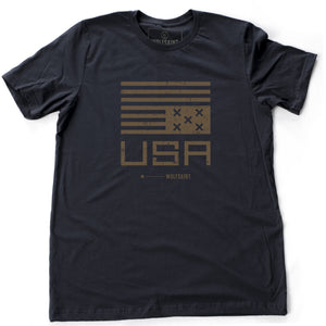 A classic graphic t-shirt featuring a political statement about the American democracy, showing an upside down simplified American flag with Xs instead of stars, above the letters “USA” and the WOLFSAINT gothic logo. From wolfsaint.net