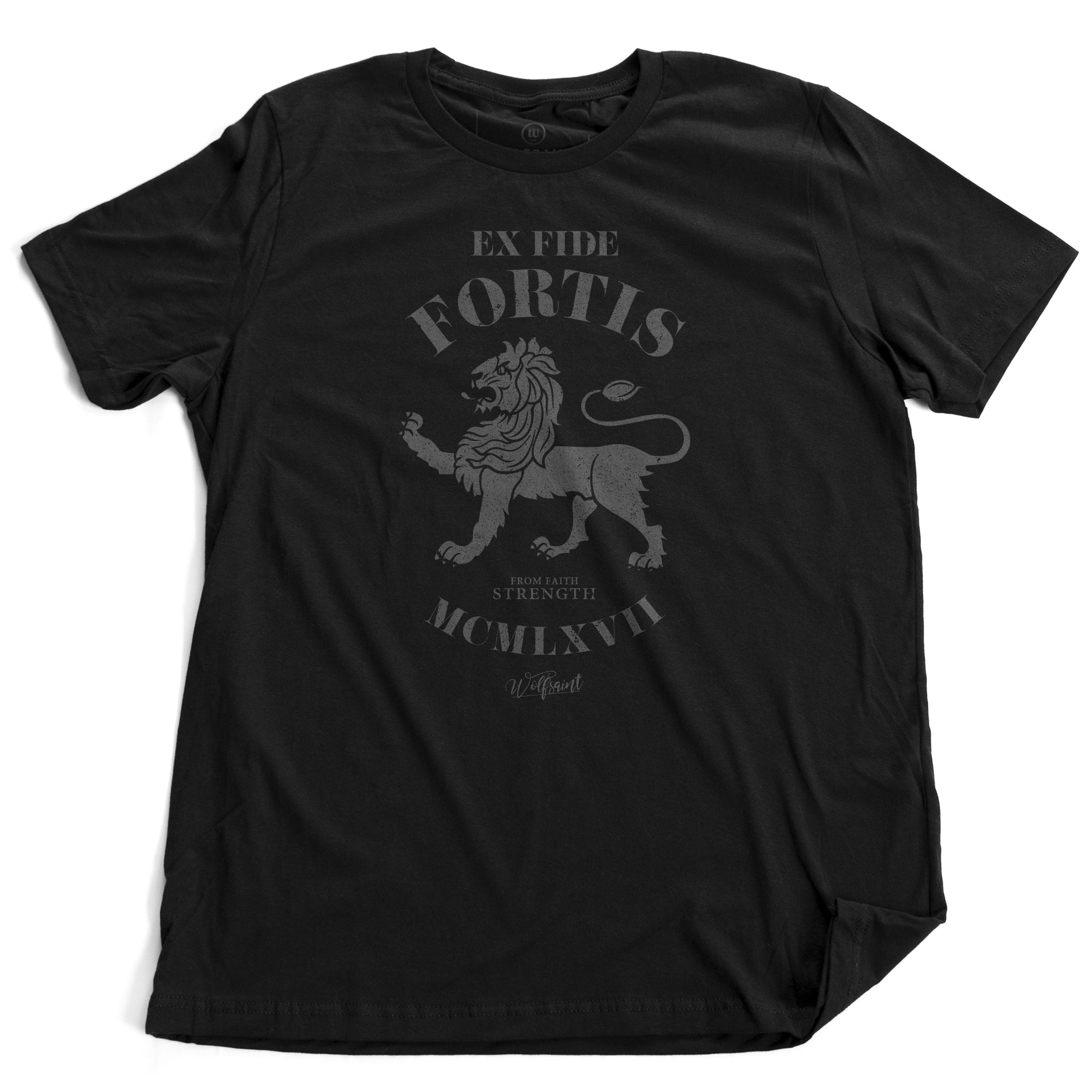 A vintage-inspired classic black retro t-shirt featuring a strong graphic of a lion, with the Latin phrase meaning “Out of faith, strength.” By wolfsaint.net