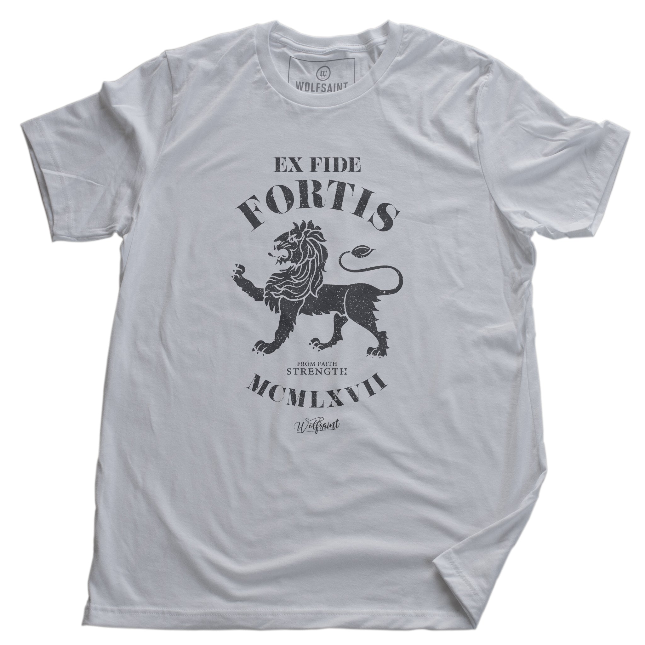 A vintage-inspired classic white retro t-shirt featuring a strong graphic of a lion, with the Latin phrase meaning “Out of faith, strength.” By wolfsaint.net