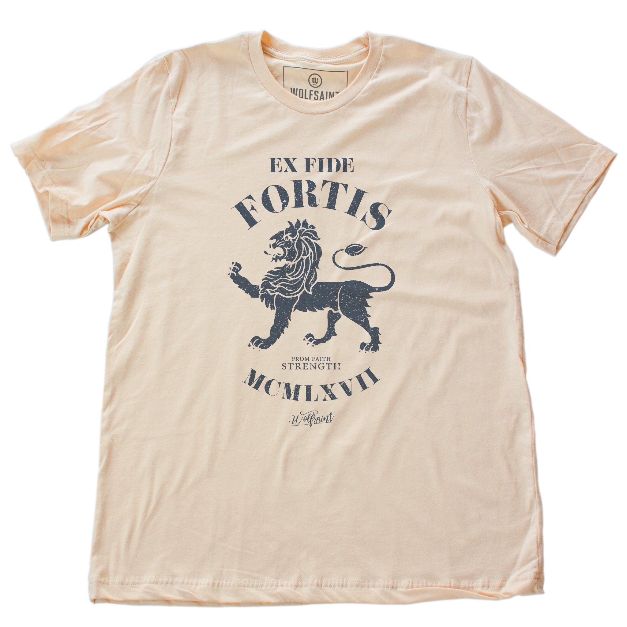A vintage-inspired classic Soft Cream retro t-shirt featuring a strong graphic of a lion, with the Latin phrase meaning “Out of faith, strength.” By wolfsaint.net