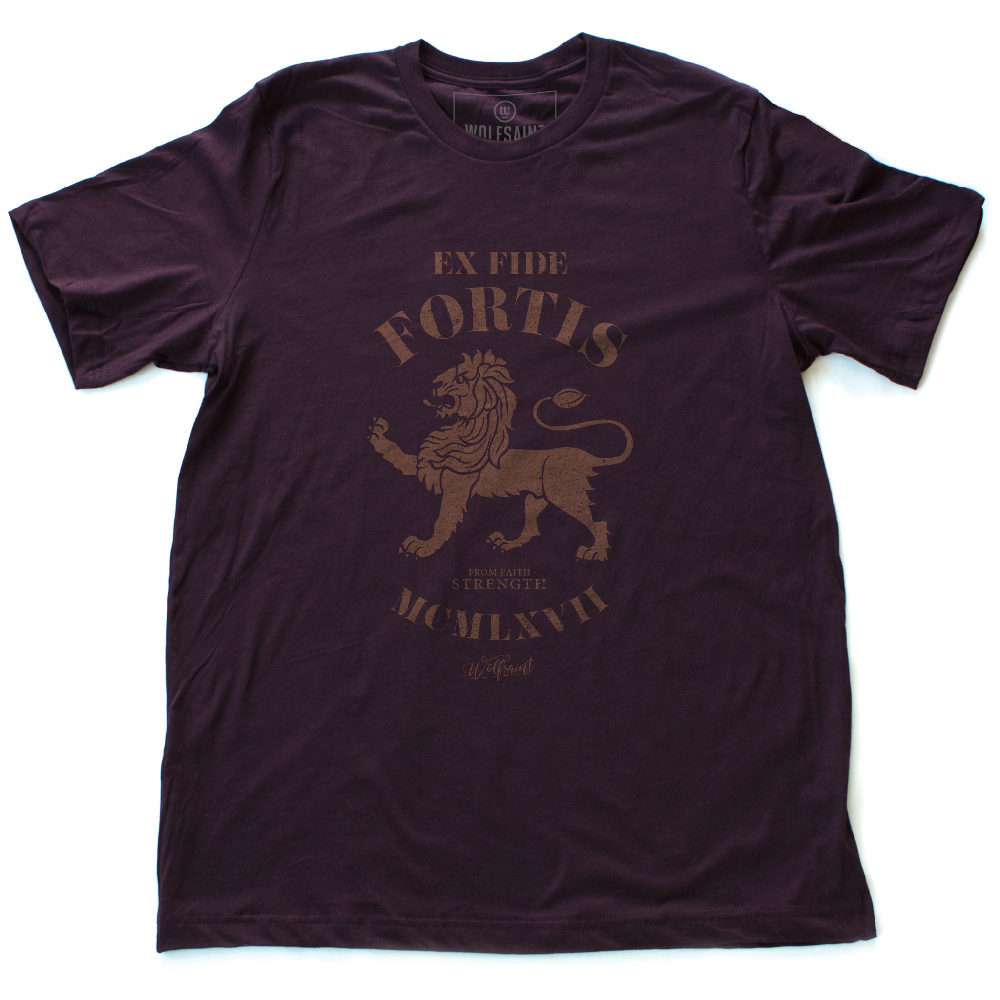 A vintage-inspired classic oxblood retro t-shirt featuring a strong graphic of a lion, with the Latin phrase meaning “Out of faith, strength.” By wolfsaint.net