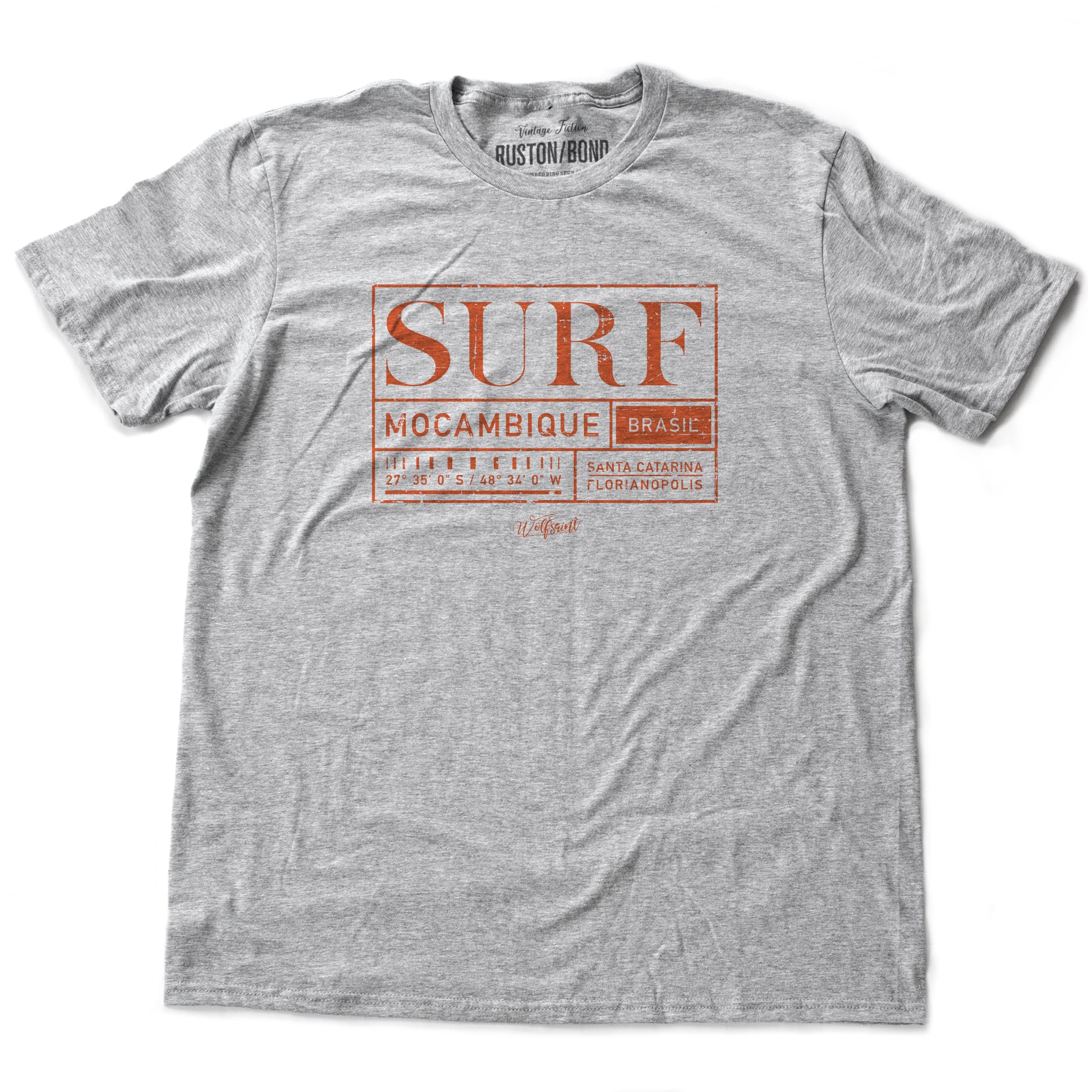 A fashionable graphic t-shirt promoting surfing tourism in Mocambique, Brazil, by fashion brand Wolfsaint.net