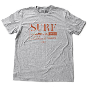 A fashionable graphic t-shirt promoting surfing tourism in Mocambique, Brazil, by fashion brand Wolfsaint.net
