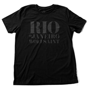 A retro graphic t-shirt in classic Black, with “RIO” large, above “de Janeiro” and “Wolfsaint” in a bold, fashion-forward font. From Wolfsaint.net