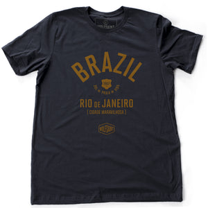 Navy Blue retro t-shirt with classic typography and graphic of BRAZIL (Brasil) and Rio de Janeiro, "Cidade Maravilhosa" (The Marvelous City) by brand Wolfsaint, with the date 1967, and sun, beach, life in Portuguese (Sol Praia Vida). From wolfsaint.net