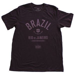 Oxblood (maroon / burgundy) retro t-shirt with classic typography and graphic of BRAZIL (Brasil) and Rio de Janeiro, "Cidade Maravilhosa" (The Marvelous City) by brand Wolfsaint, with the date 1967, and sun, beach, life in Portuguese (Sol Praia Vida)