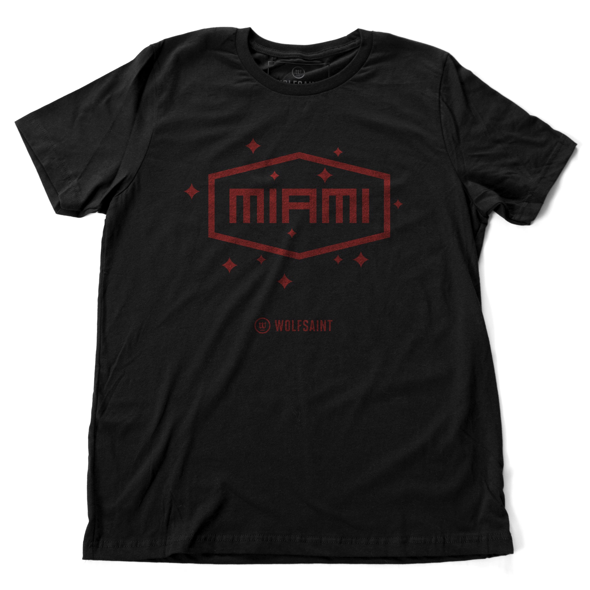 A vintage-inspired, retro fashion t-shirt in classic Black with a simple red “MIAMI” graphic in a field of stars. From wolfsaint.net