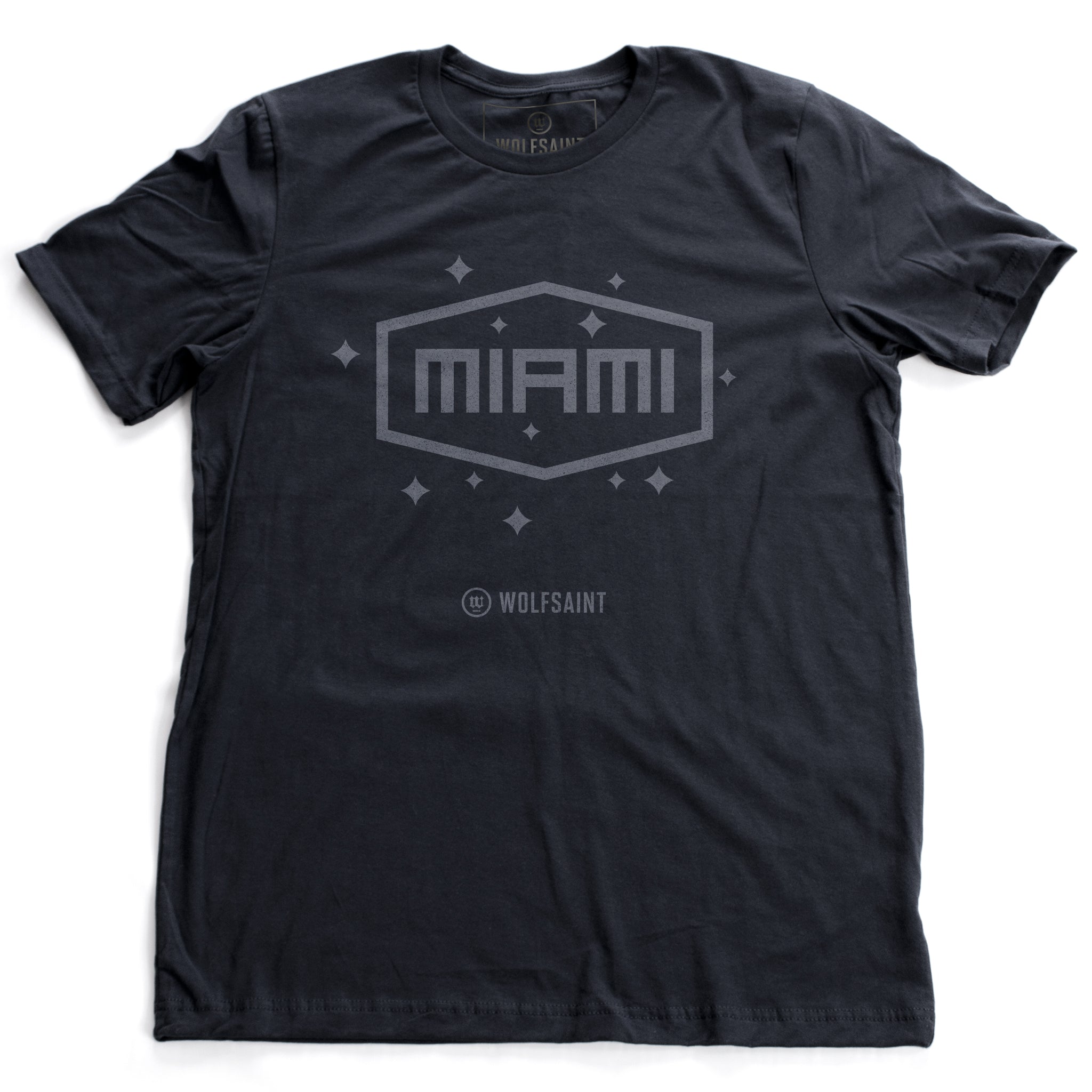 A vintage-inspired, retro fashion t-shirt in classic Navy Blue with a simple “MIAMI” graphic in a field of stars. From wolfsaint.net