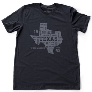 A stylish graphic t-shirt featuring the form of the state of Texas, with the various most populous Texan cities arranged as a collage within the state shape. It also commemorates the year 1845 and state motto “friendship.” By Wolfsaint.net