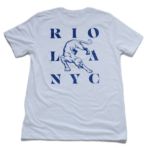 The back of a graphic t-shirt for the Wolfsaint brand, with a big panther surrounded by Wolfsaint cities NYC, LA, and Rio on the back. In White. From Wolfsaint.net 