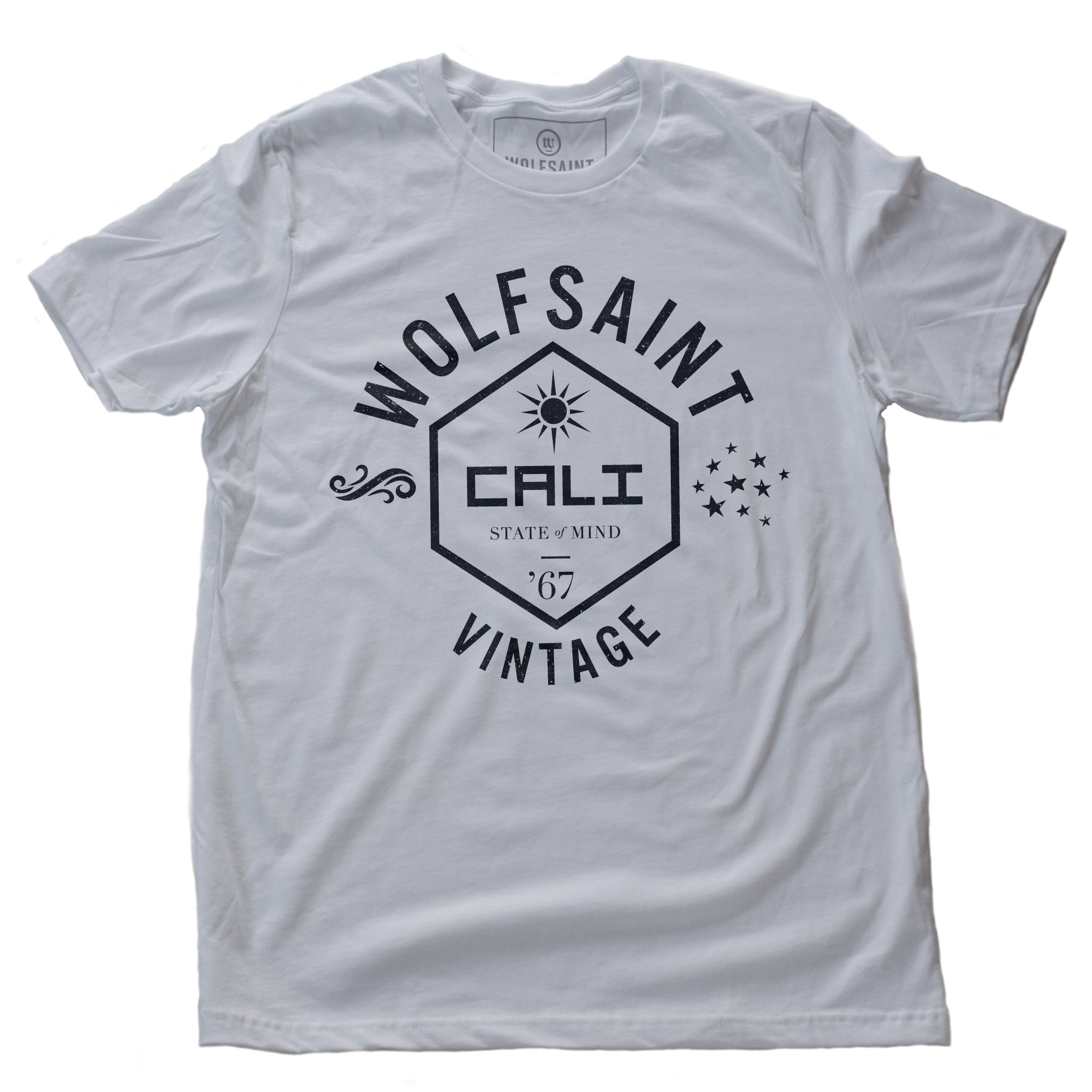 A classic, vintage inspired retro graphic t-shirt, featuring “WOLFSAINT VINTAGE” surrounding a hexagon with “CALI” and a sun inside of it, and waves and stars on each side. From wolfsaint.net