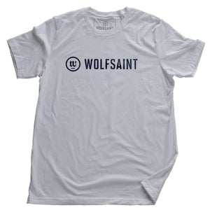 A simple, elegant unisex t-shirt in white with the fashionable WOLFSAINT logo branding across the chest in black. From Wolfsaint.net