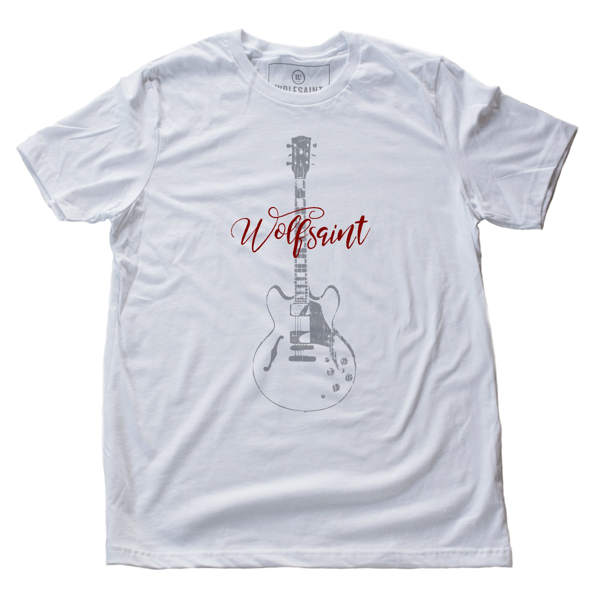 A retro design, vintage-inspired t-shirt for a fictional vintage guitars shop. Featuring a graphic on the front of a Gibson Es-335 guitar and the Wolfsaint script logo, and an imaginary address on the back. From Wolfsaint.net